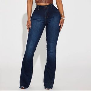 Fashion Nova high waisted dark blue flare denim